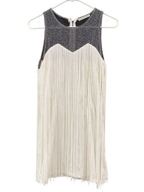 Mustard Seed Fringe Dress Metallic Top Sleeveless Shift Cream L